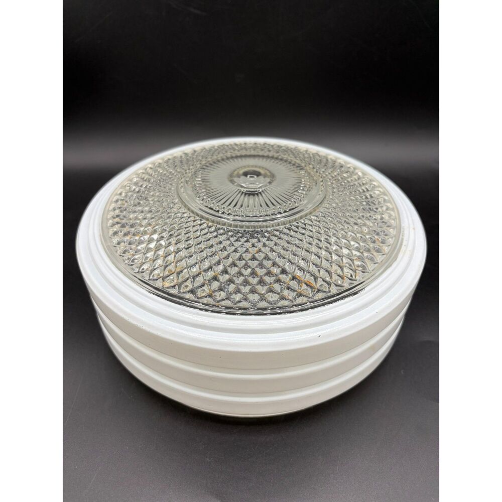 Vintage Flush Mount Ceiling Light White Frosted and Clear Diamond Cut Glass